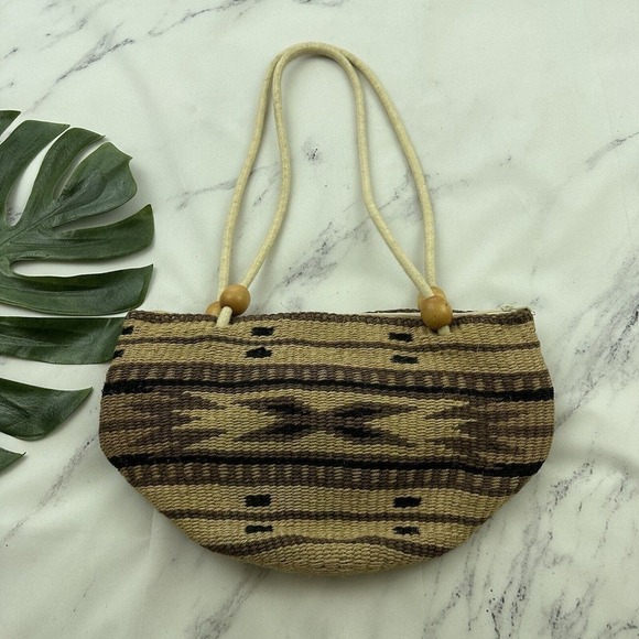 Vintage Woven Basket Tote Bag Purse Brown Black Wood Bead Wool Blend Boho - Picture 1 of 6